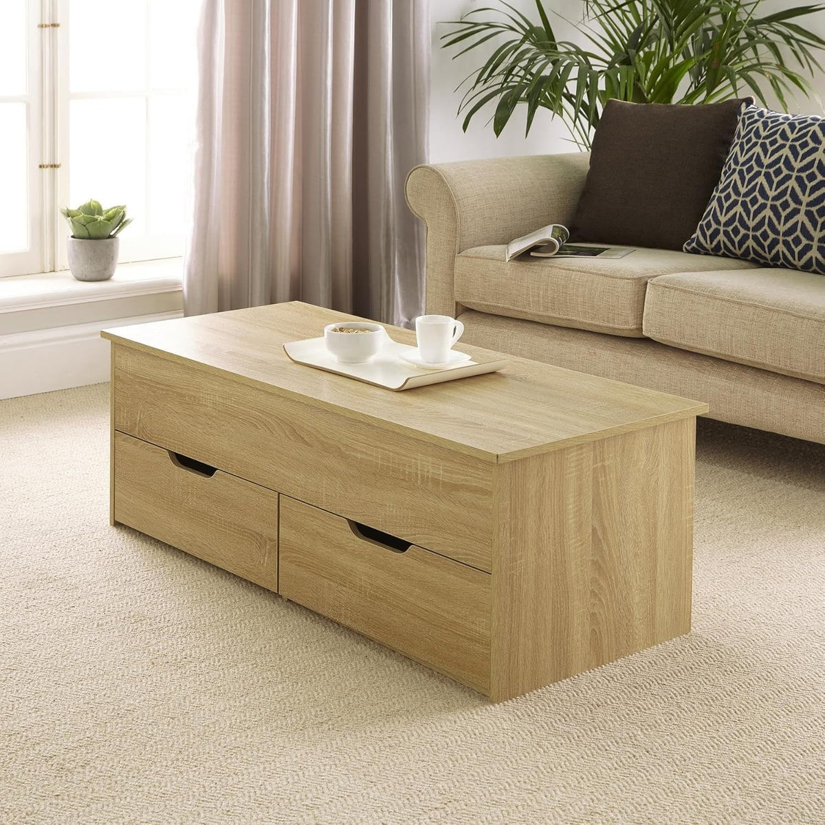 Oak Effect Lift-Top Coffee Table with Locking Storage Drawers 115x50x40cm
