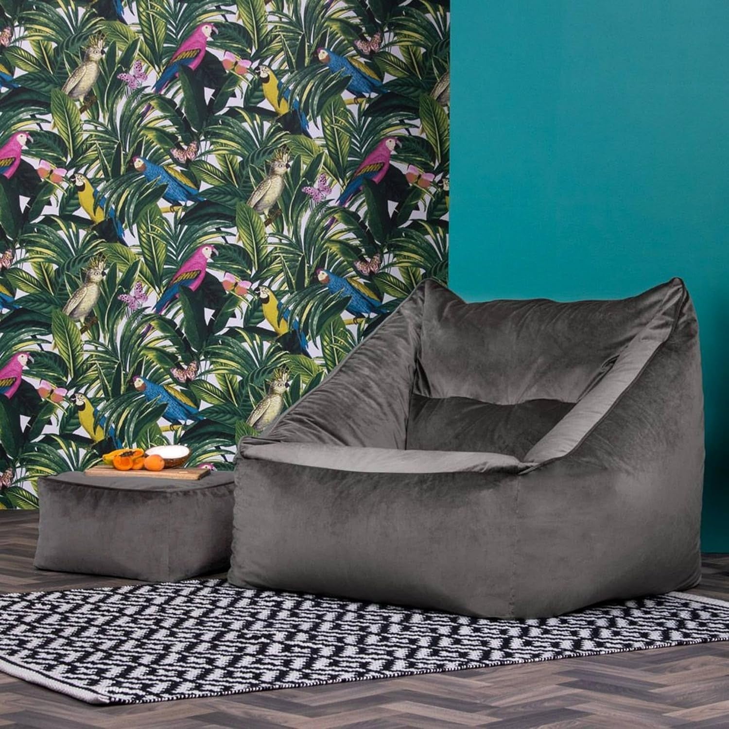 Charcoal Grey Velvet Bean Bag Chair Adult Armchair with Footstool Seat