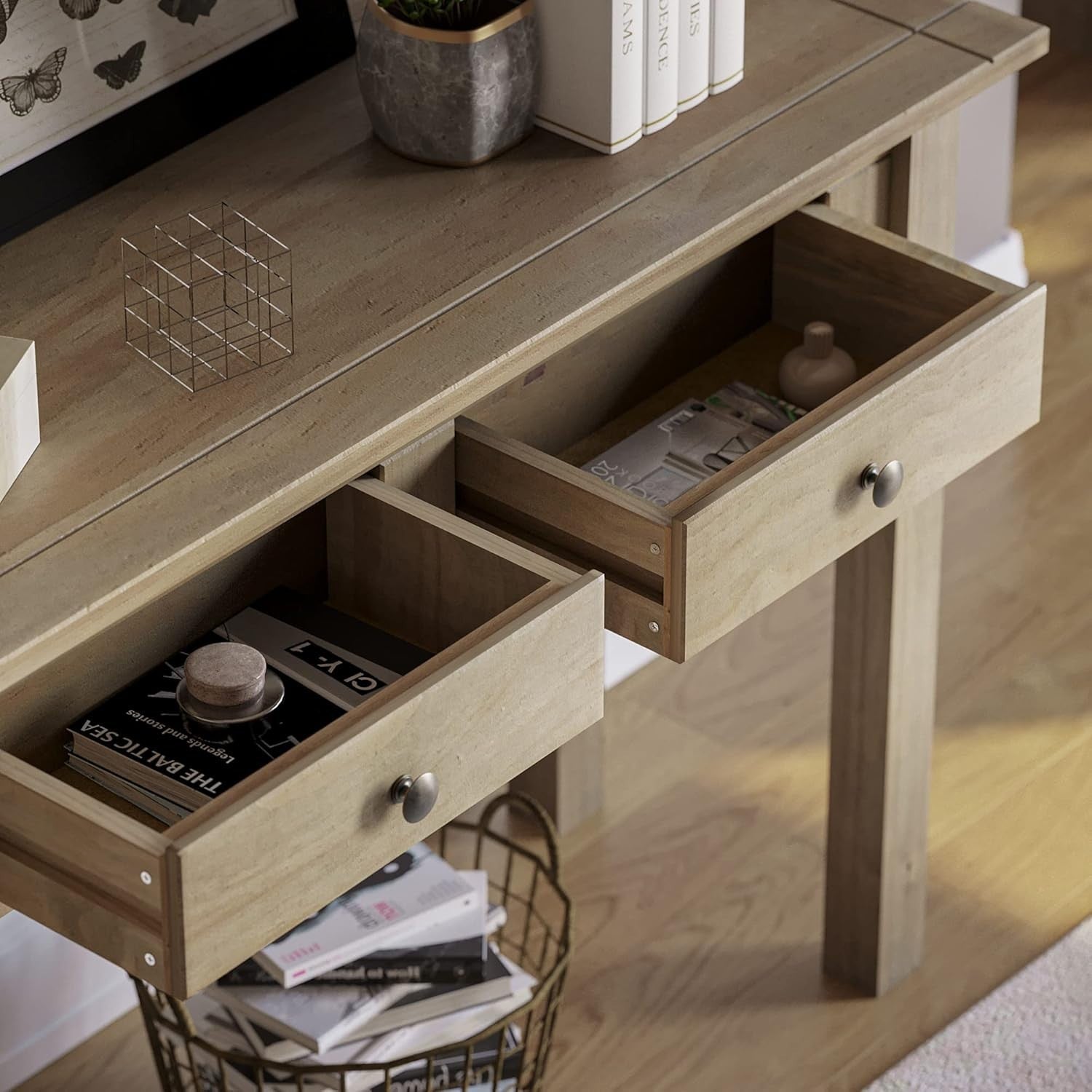 Natural Oak Console Table with 2 Drawers, Compact & Durable 40x110x72 cm