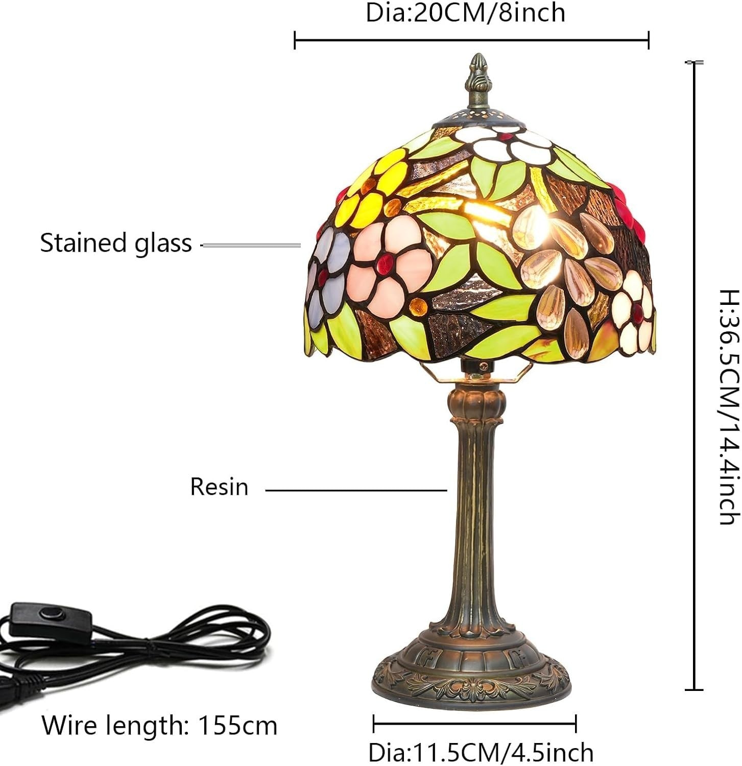 Stained Glass Table Lamp Grape Flower 8x14 Inch Bedside Light