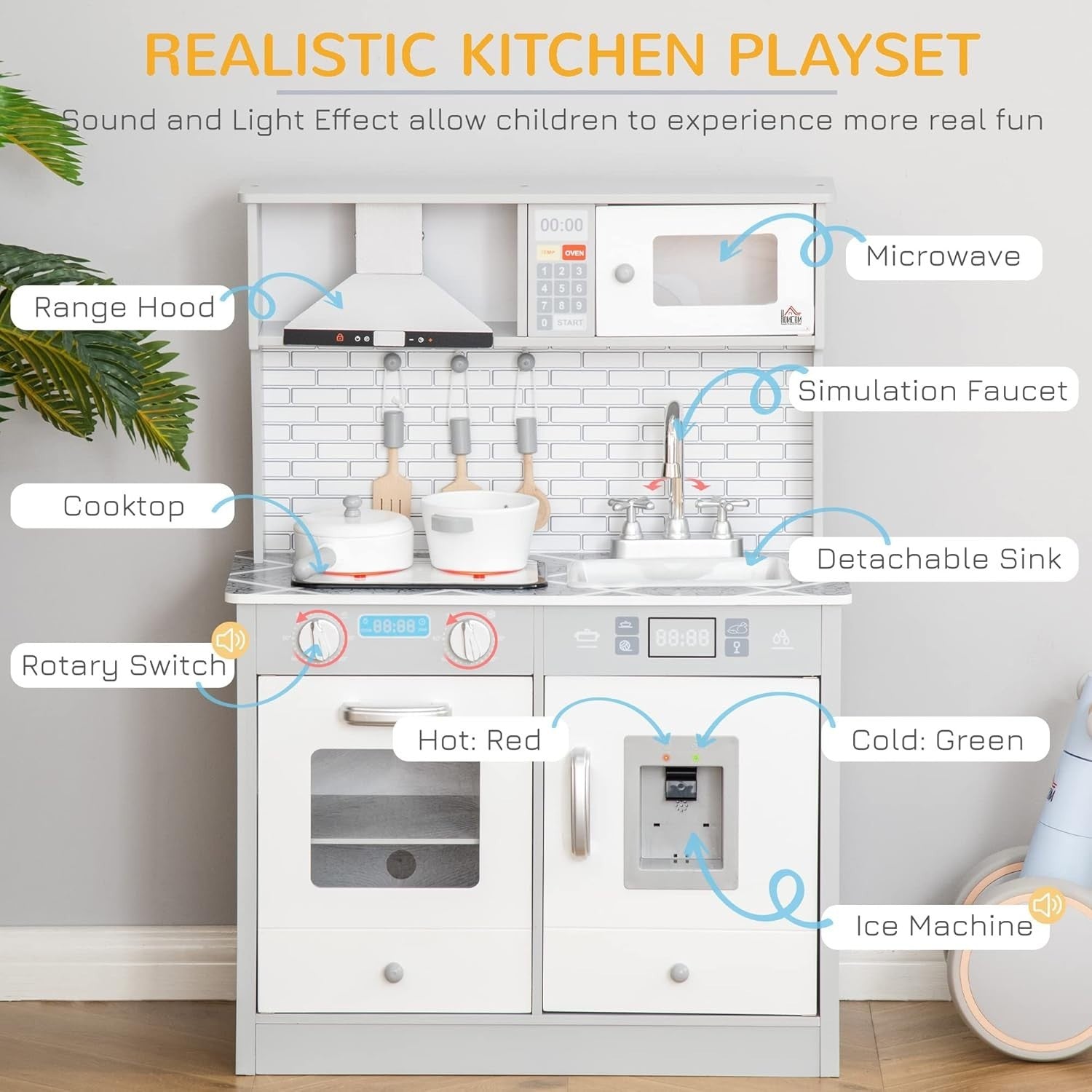 Kids Wooden Play Kitchen Lights Sounds Ice Maker Grey Toy Set