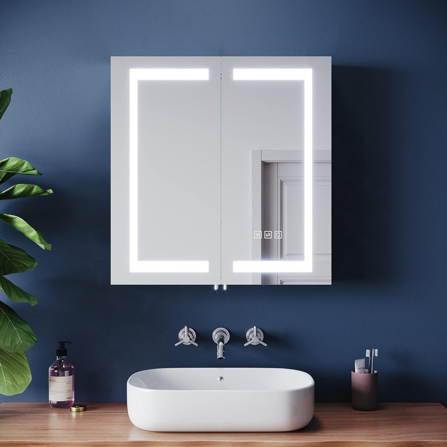 LED Mirror Cabinet 630x650mm Demister Shaver Socket 3-Colour Dimmable