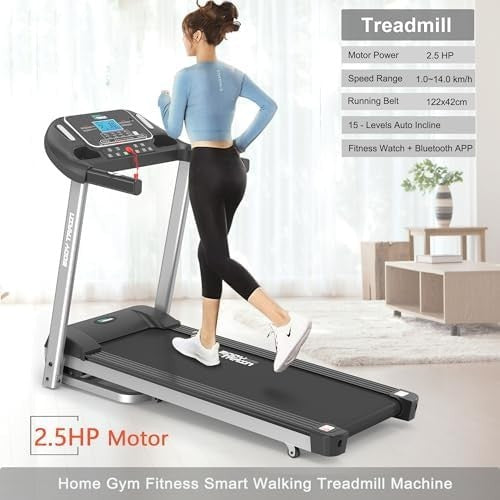 Folding Bluetooth Treadmill 14km/h 15-Level Incline 2.5HP App Sync Home Running
