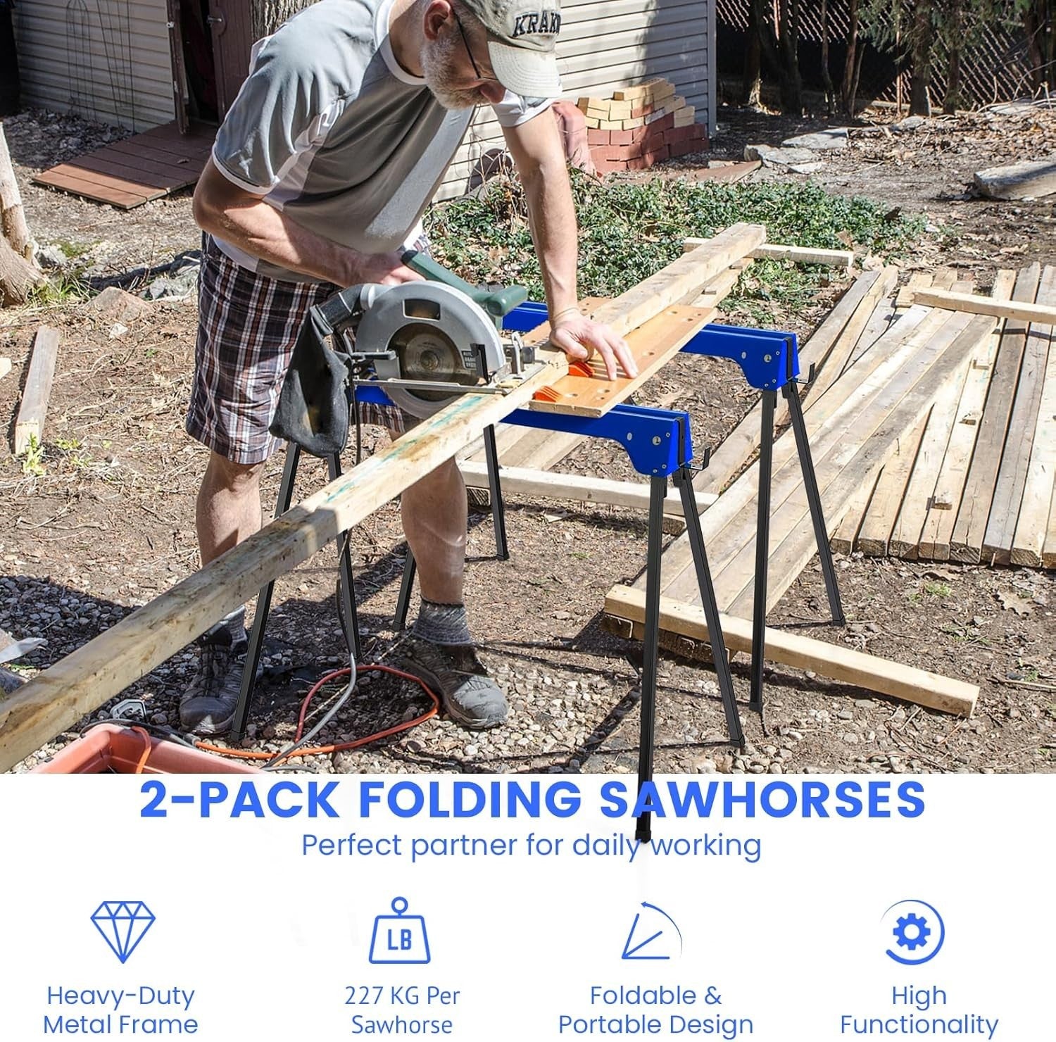 Folding Saw Horses Pair 227kg Each Heavy Duty Steel Trestles w/ Support Arms