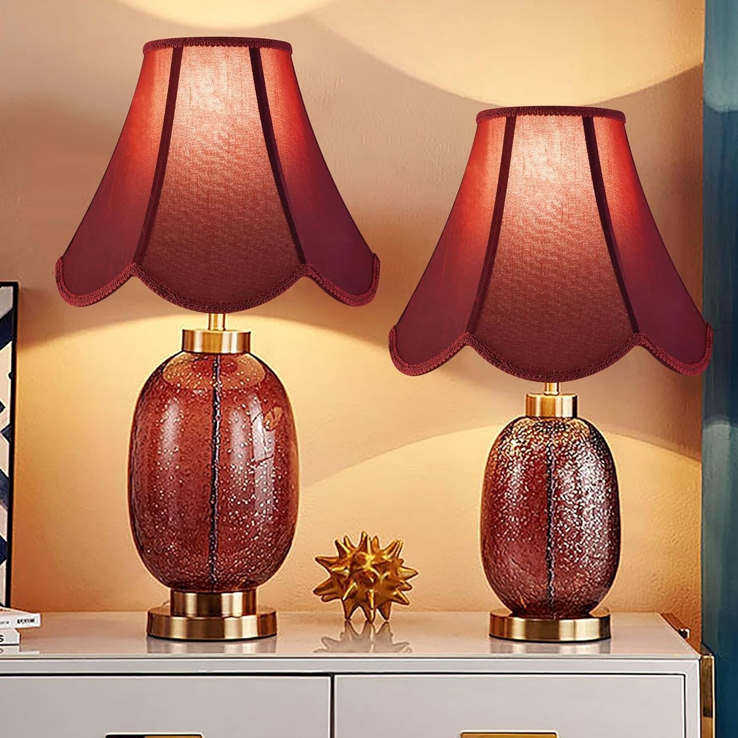 Set of 2 Burgundy Bell Silk Lamp Shades Scalloped Spider Fit Table Floor