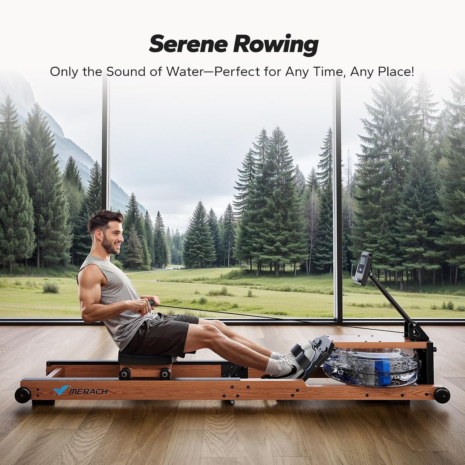 Foldable Wood Water Rowing Machine 180KG Capacity Quiet Rower App Compatible