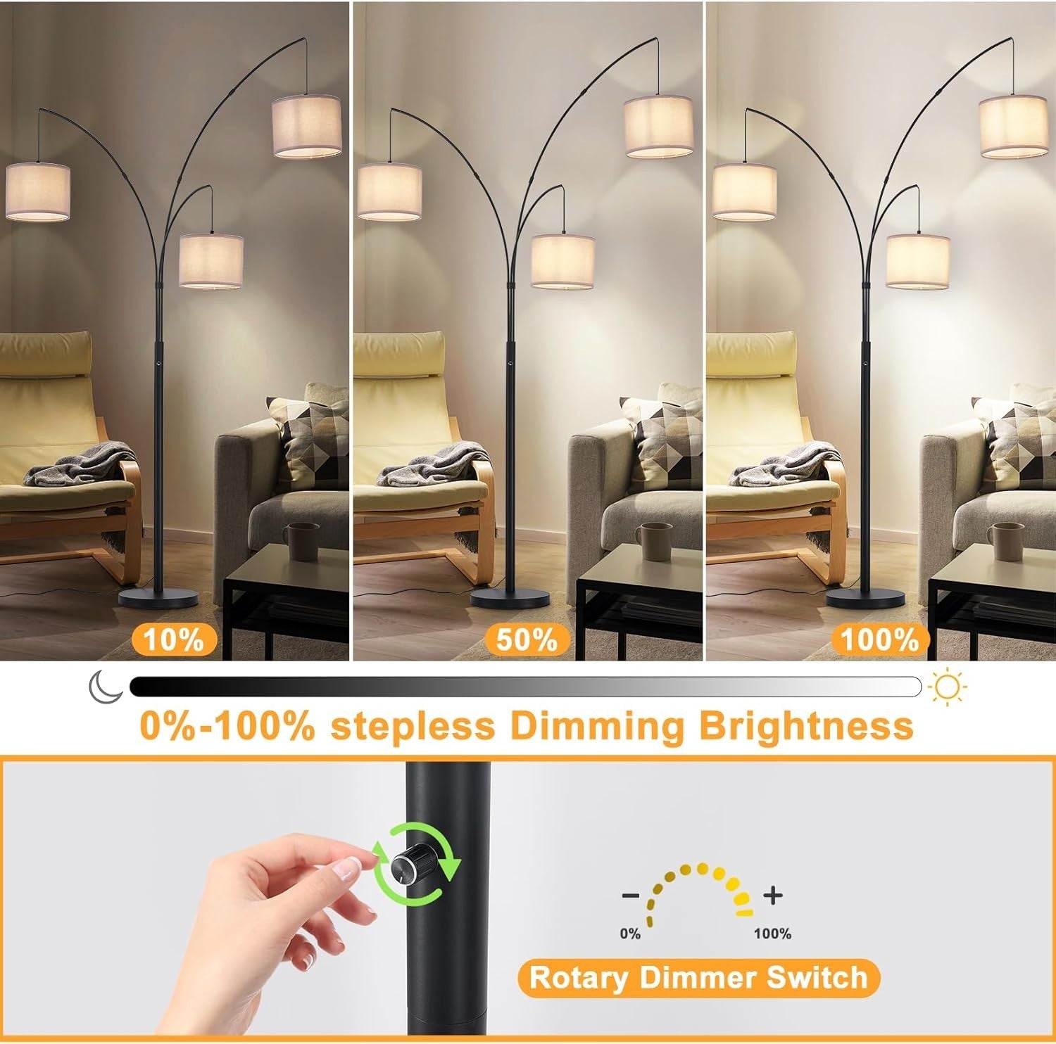 Modern 3-Light Dimmable Floor Lamp with Grey Shades for Living Room Office