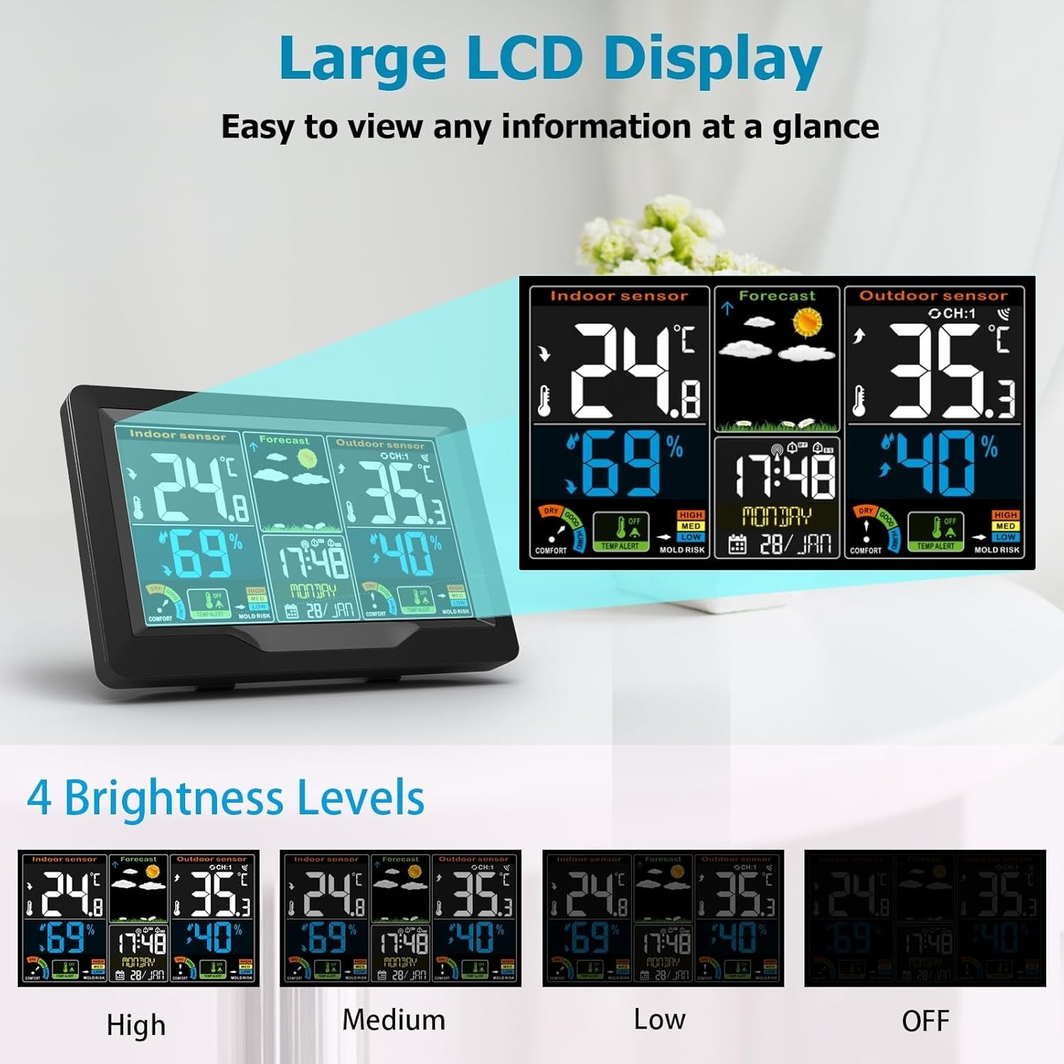Wireless Weather Station Indoor Outdoor Sensor Large LCD Temp Humidity