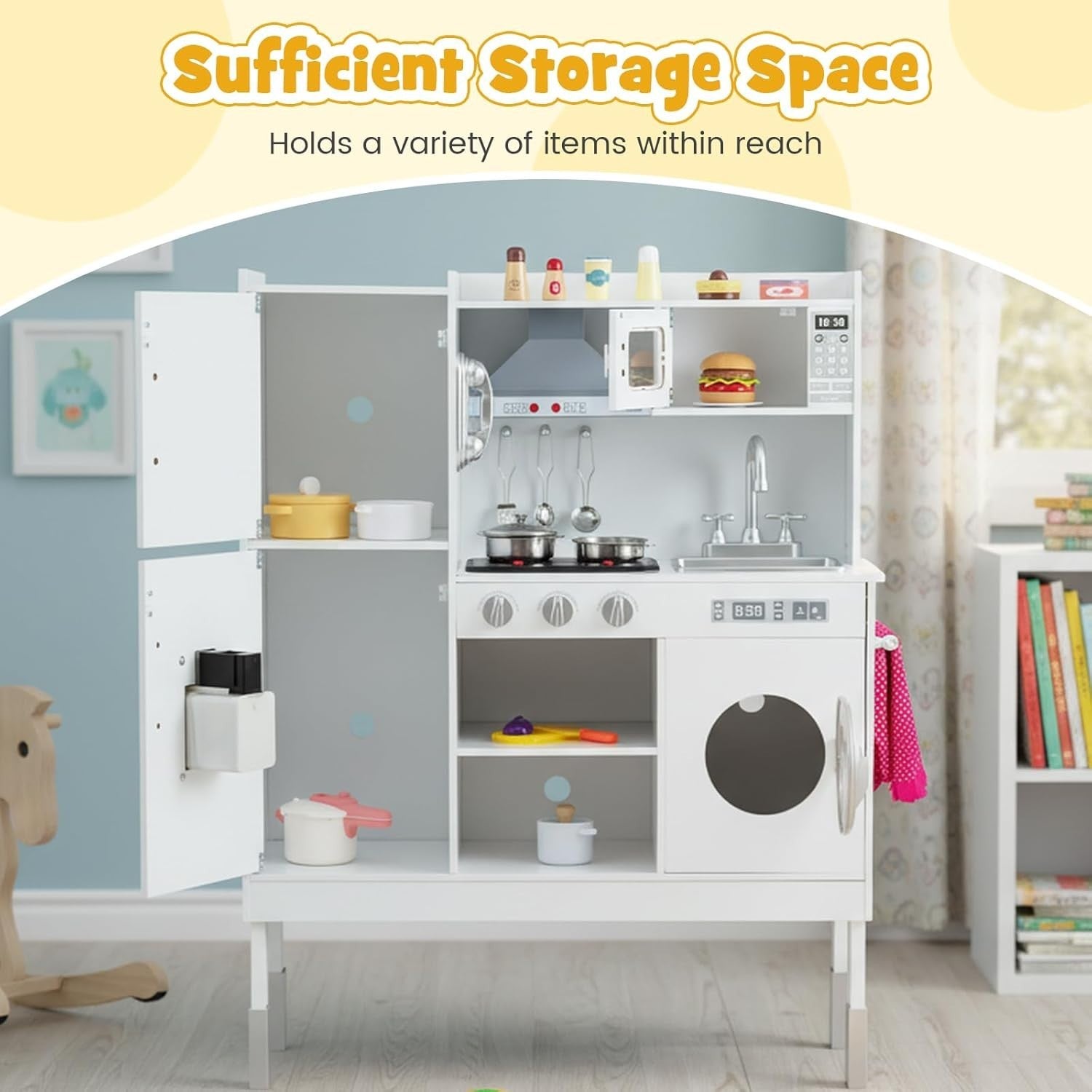 Adjustable Wooden Kids Play Kitchen White w/ Lights Sounds Set