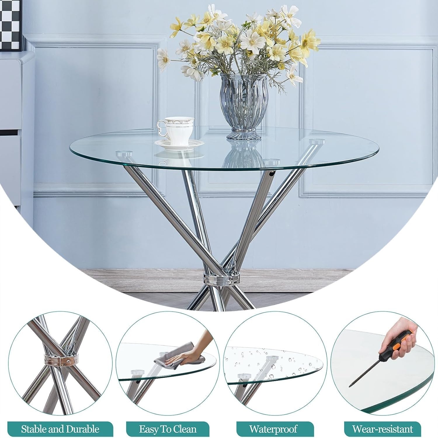 4-Seater Round Glass Dining Set with Grey Faux Leather Chairs – Space-Saving Des