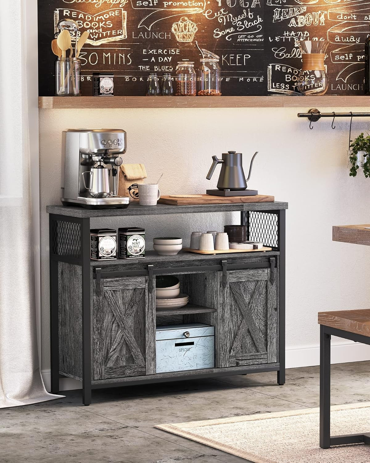 Charcoal Grey Industrial Sideboard Sliding Door Storage Cabinet