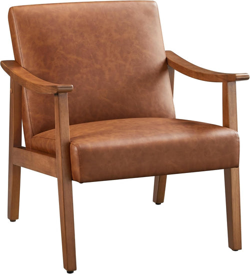 Faux Leather Armchair Retro Wood Frame Lounge Chair Comfy Seat Office