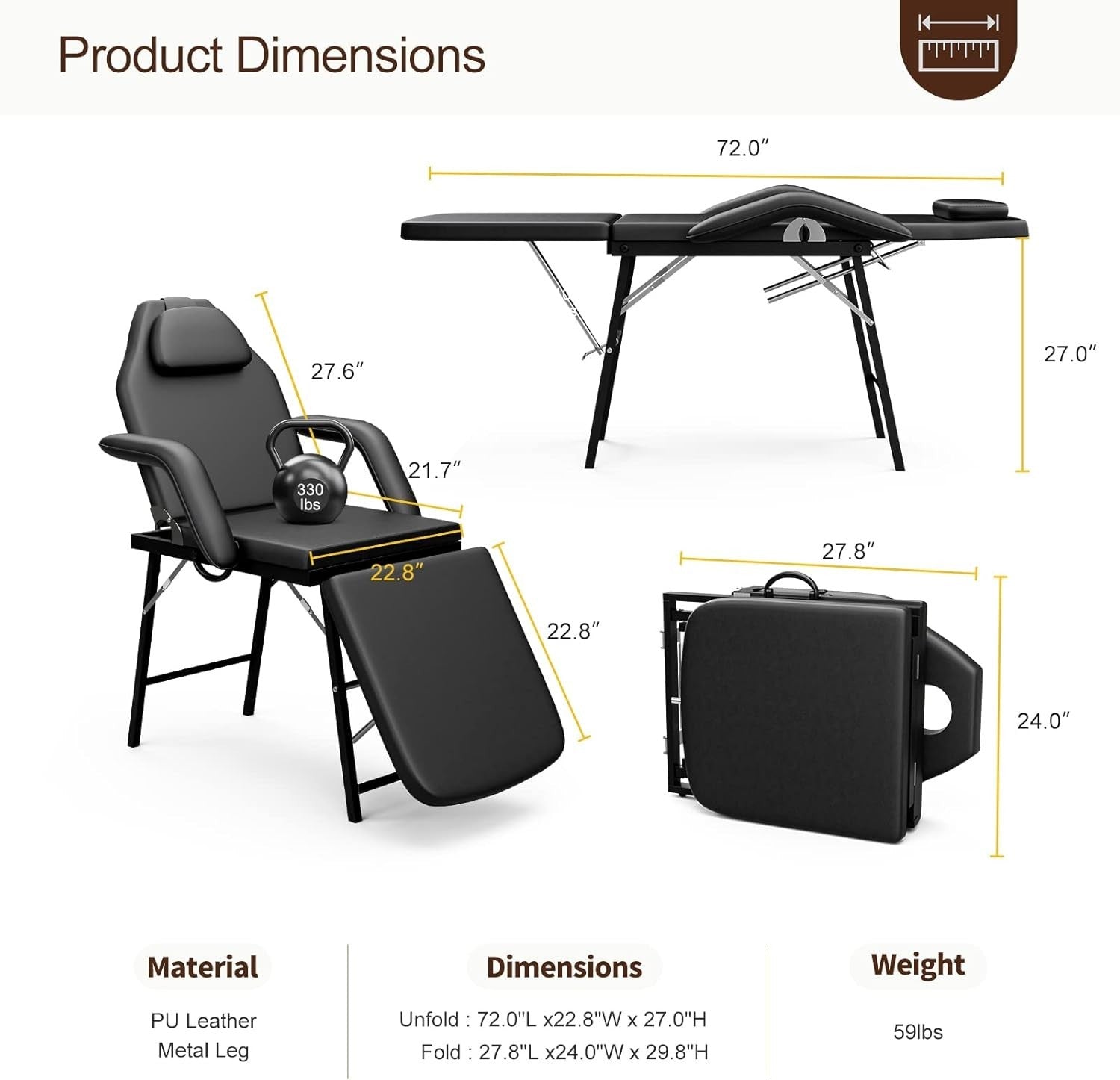 Portable 3-Section Massage Table Folding Beauty Spa Bed w/ Adjustable Backrest