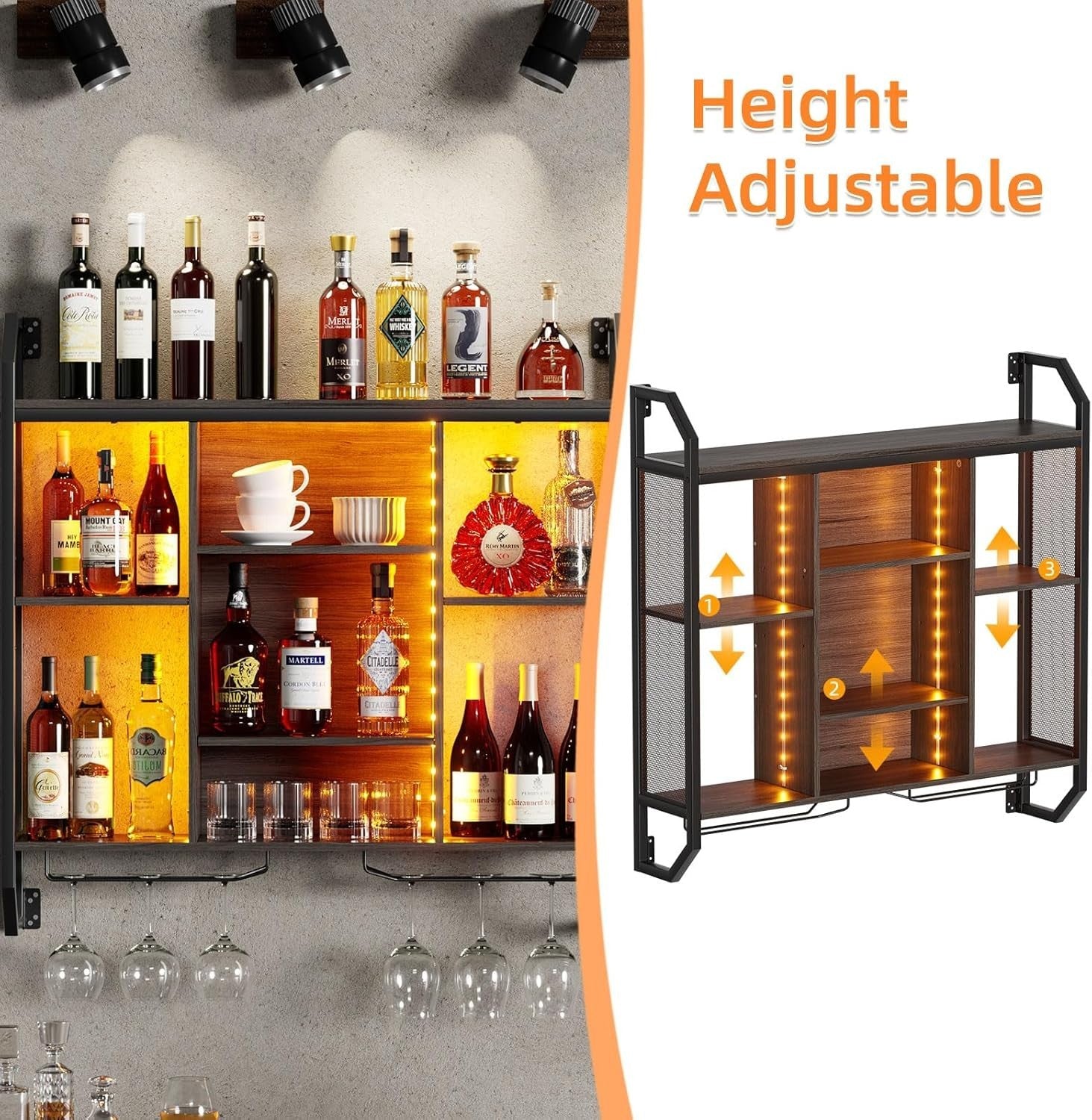 Wall Mounted LED Wine Rack Bar Shelf with Glass Holder Modern Metal Display