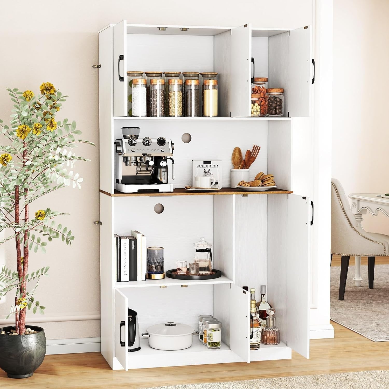 180cm Tall Kitchen Storage Cabinet 6-Door Pantry White | Built-in Outlet