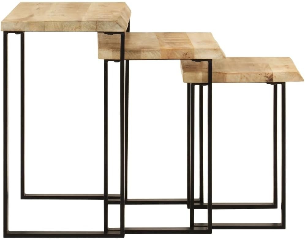 Live Edge Nesting Side Table Set Solid Mango Walnut Wood Industrial Brown Black