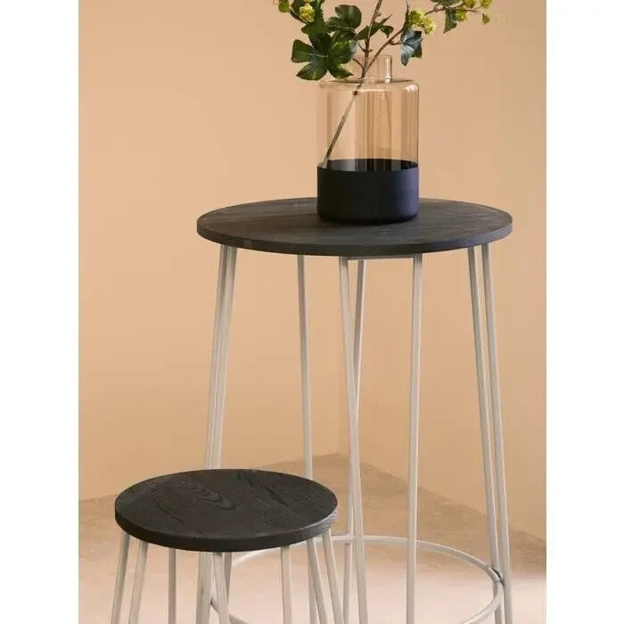 3Pc Bar Table and Stool Set Elm Wood Top Hairpin Legs Industrial Style