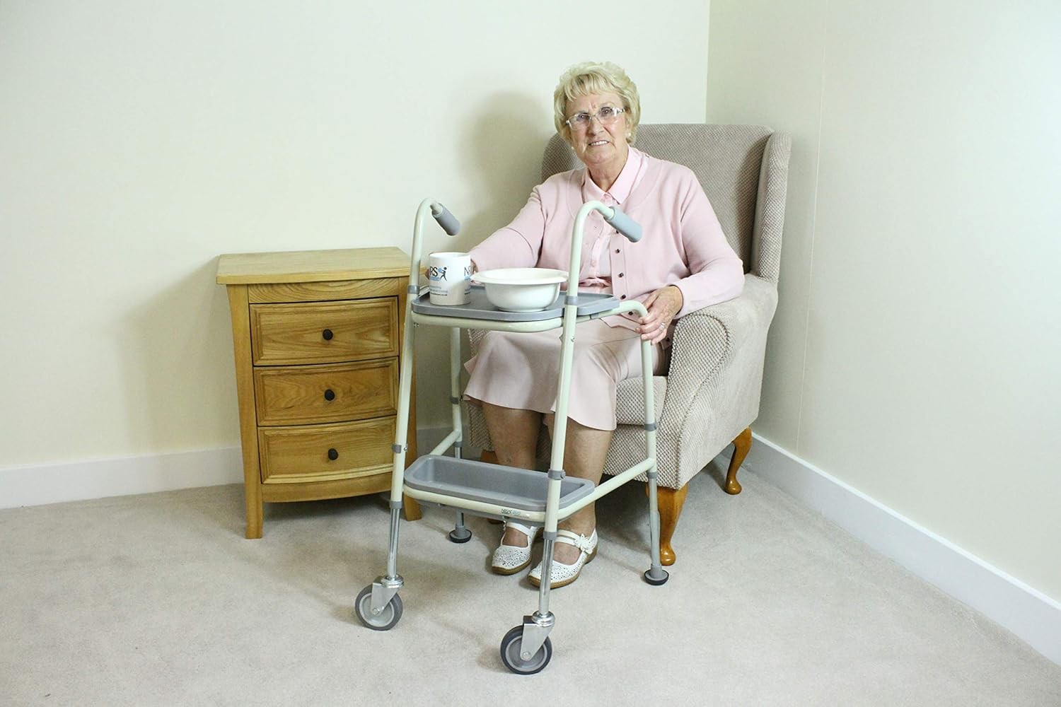 Height Adjustable Walking Trolley with Wheels Trays Indoor Support