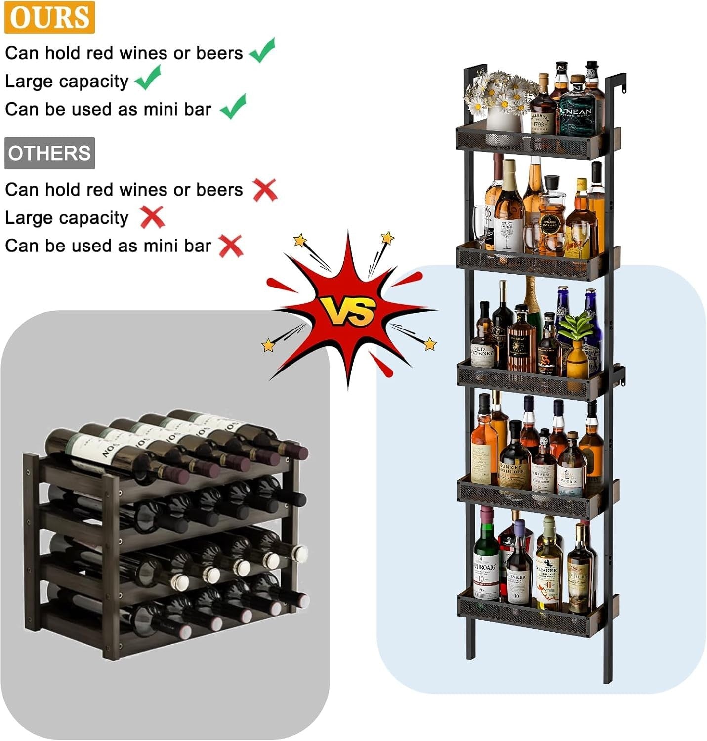 Tall Freestanding Wine Rack 5-Tier Metal & Wood Storage Shelves Holds 50 Bottles