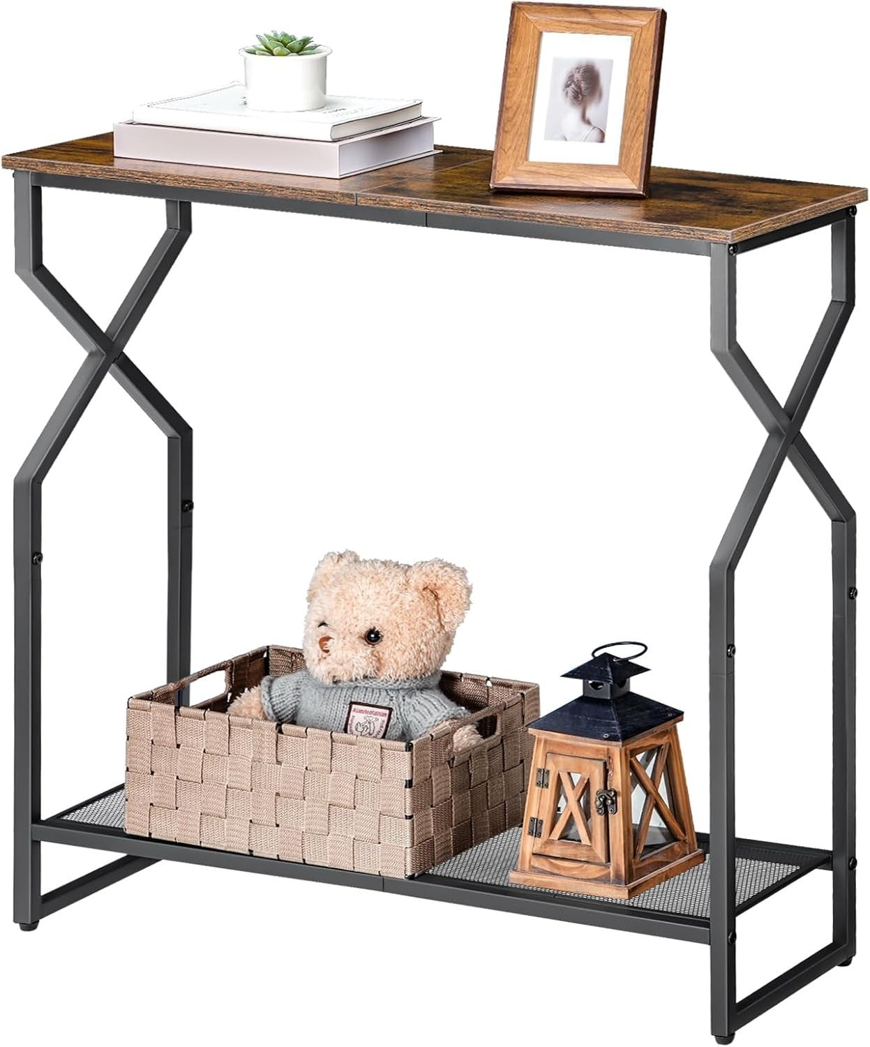 2-Tier Rustic Console Table for Hallway, Narrow Sofa Table with Storage Shelf
