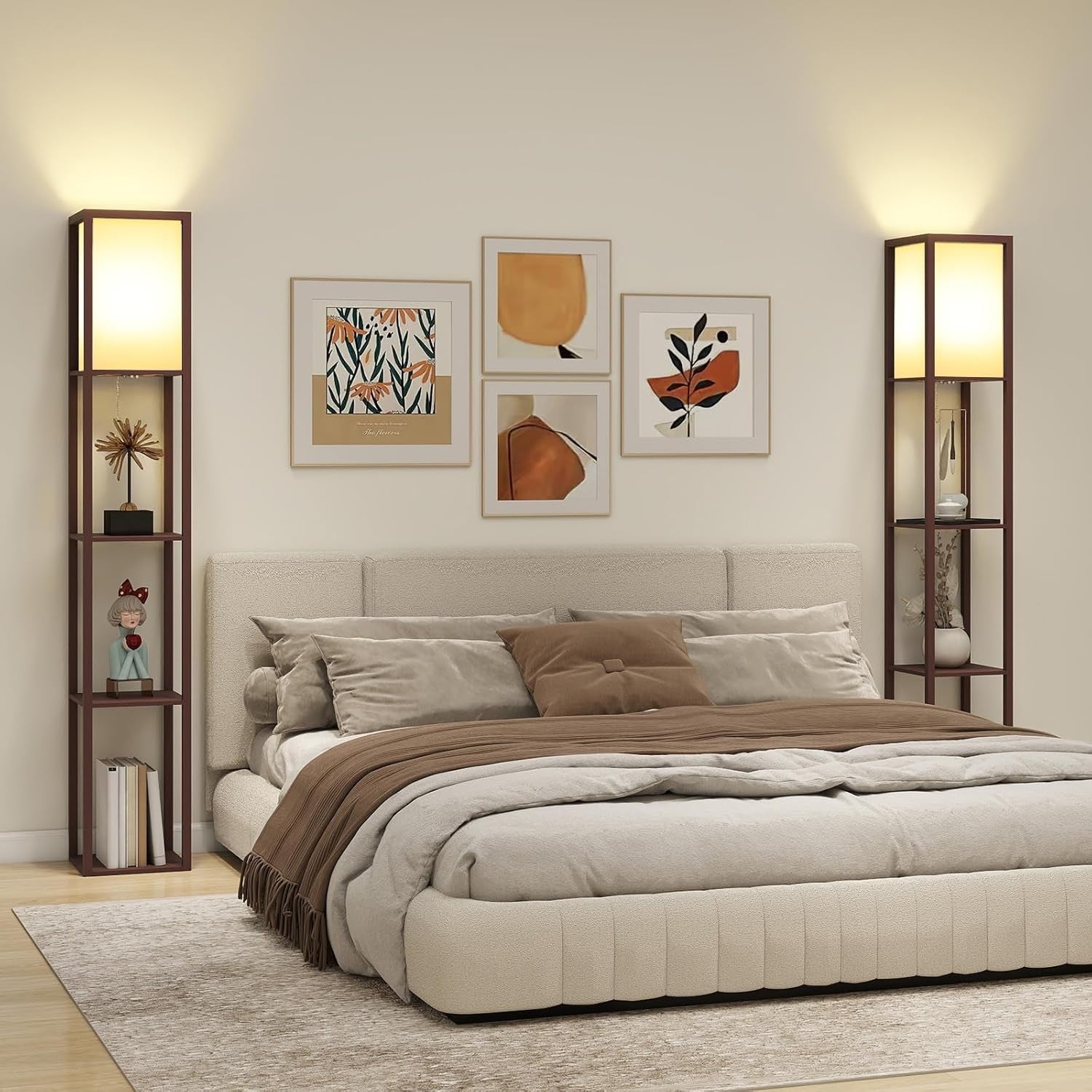 Floor Lamp with Shelves Wooden Storage Standing Light Reading Lamp Modern