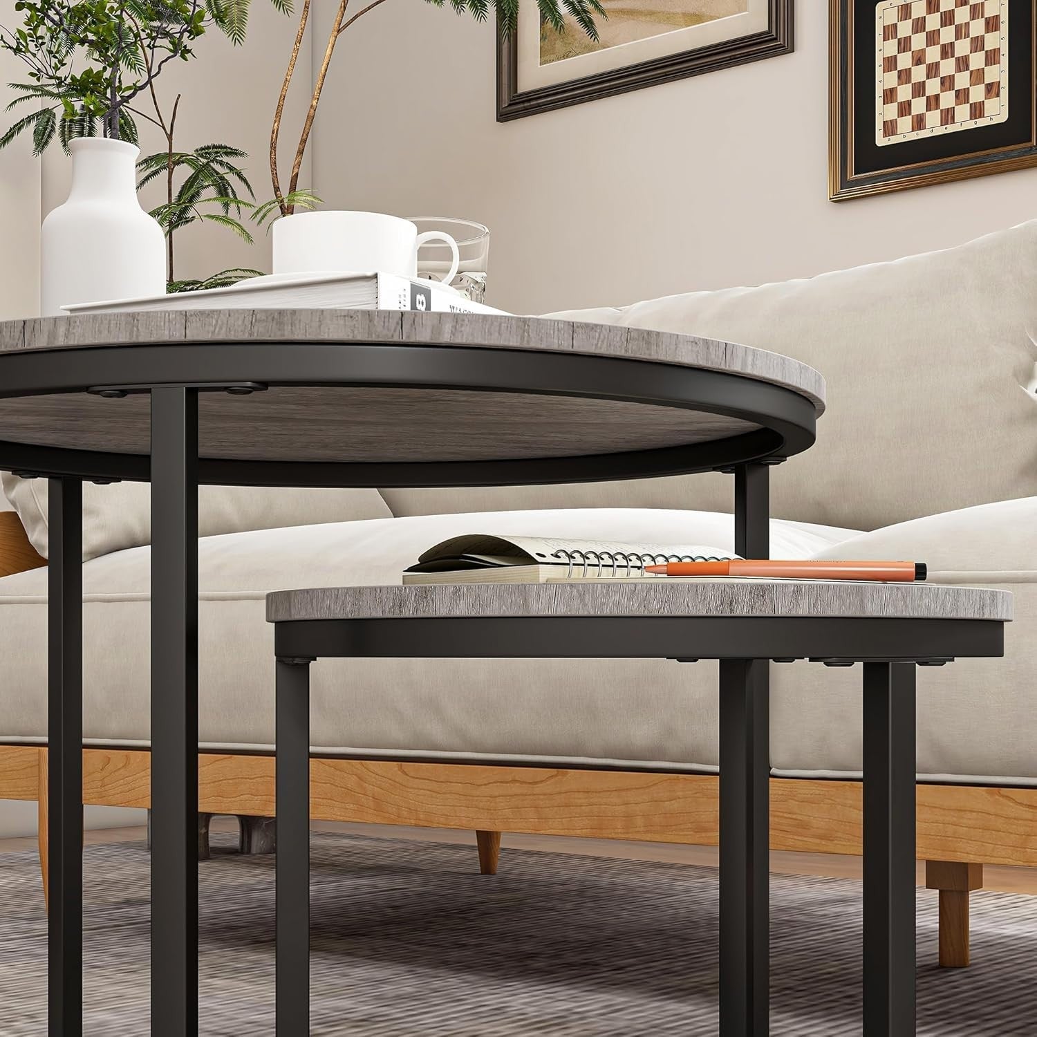 Round Nesting Coffee Table Set of 2 – Modern Space-Saving Side Tables, Metal