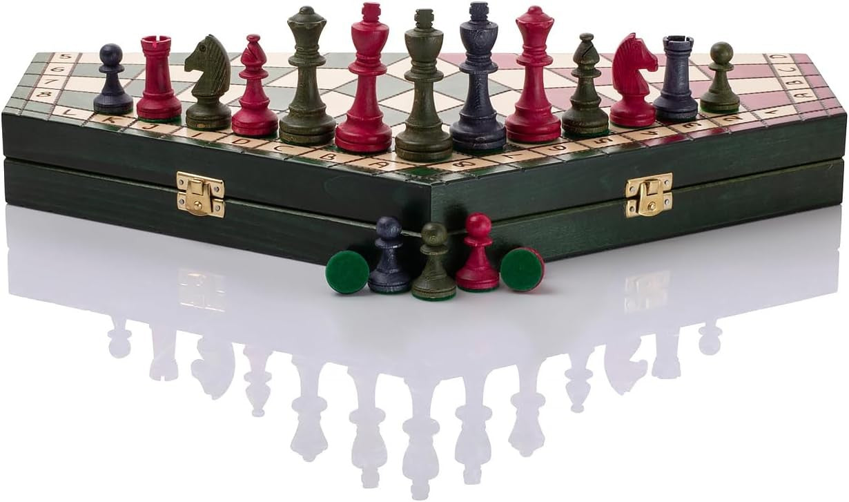 XL 3-Player Wooden Chess Set 54×47cm Hexagonal Board Handcrafted Travel Game