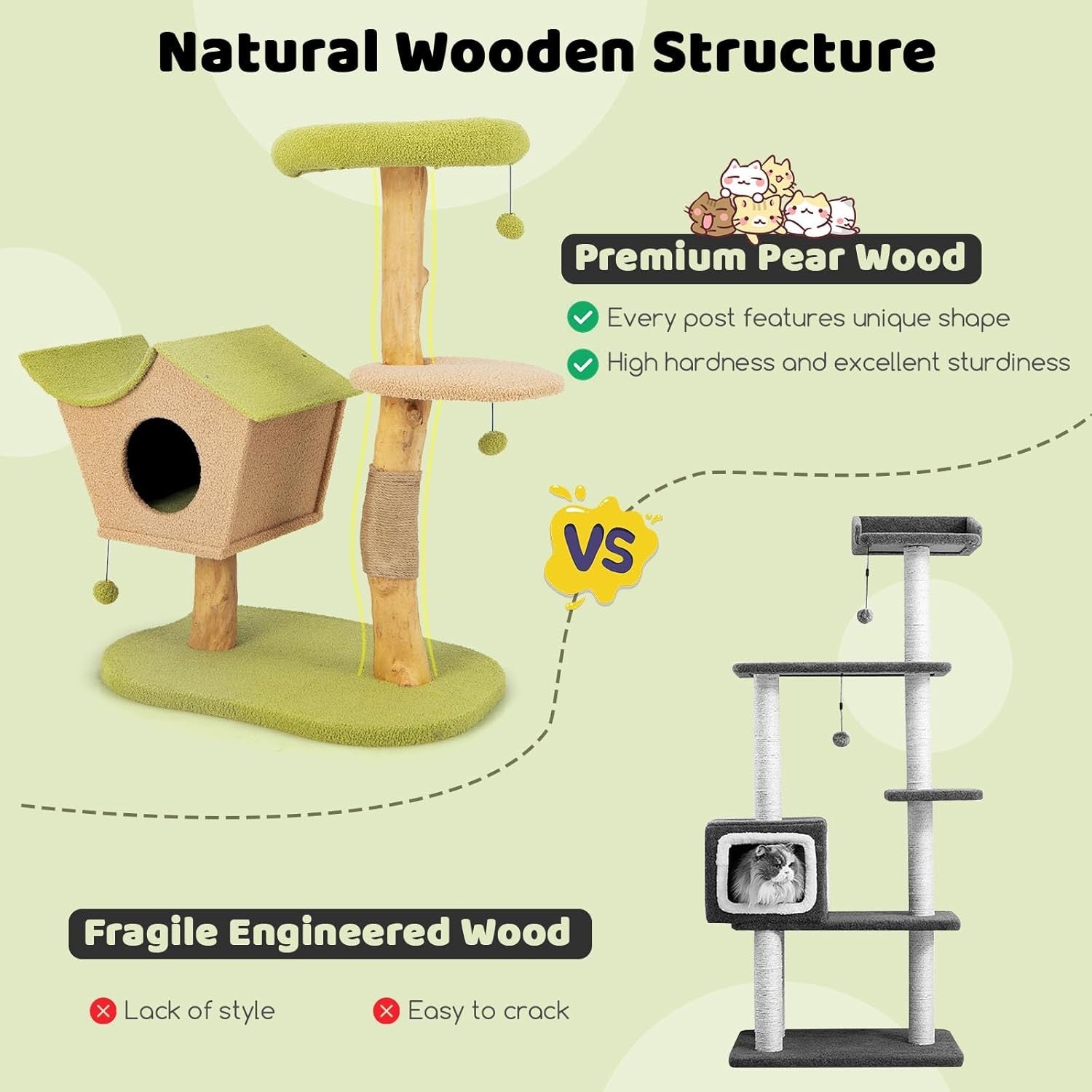113cm Wooden Cat Tree Green with Condo Scratching Posts Top Perch Indoor Tower