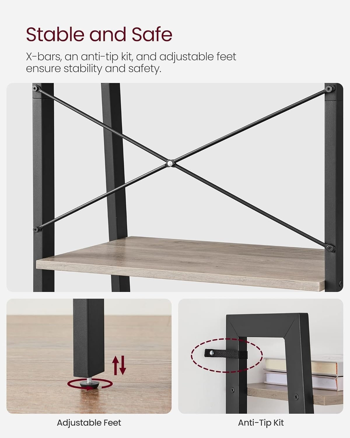4-Tier Industrial Ladder Shelf Storage Rack Adjustable Steel Frame Bookshelf