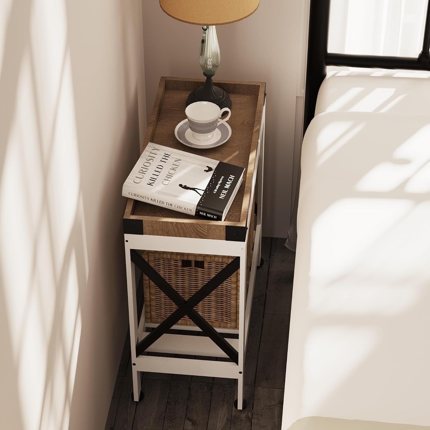 Narrow White End Table with Storage Shelf – Compact Nightstand for Small Spaces