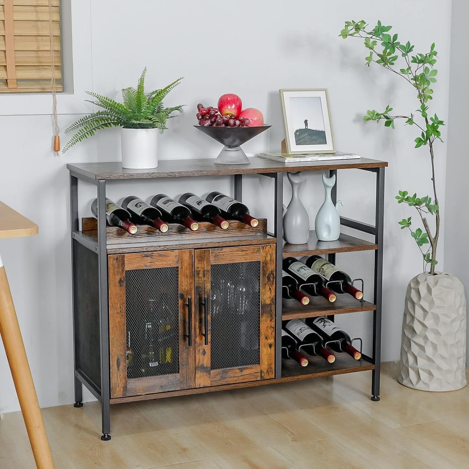 Rustic Wine Bar Cabinet with Glass Holder & Bottle Rack, Sideboard Buffet Unit