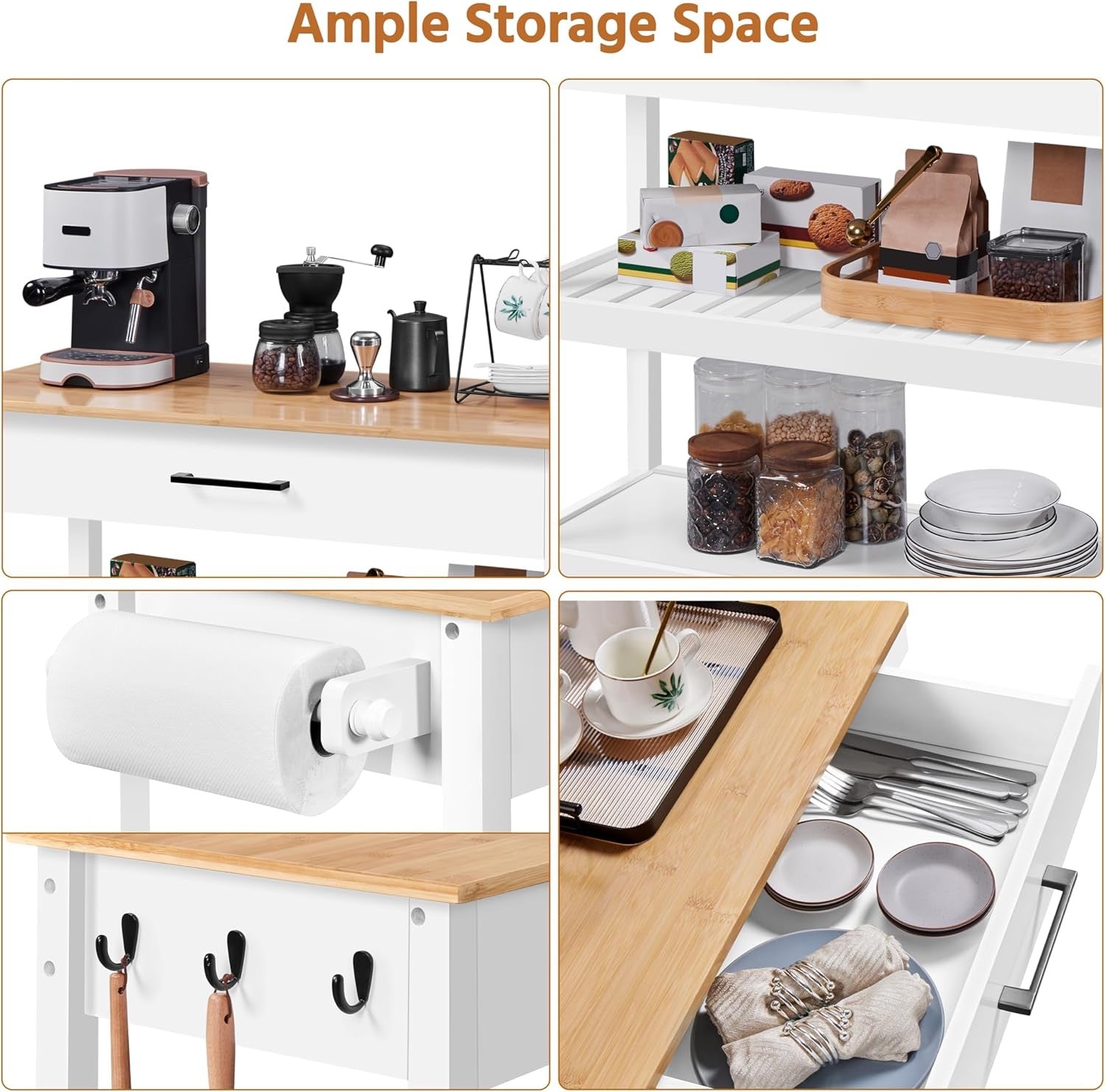 Kitchen Island Trolley on Wheels Bamboo Worktop Drawer Towel Rack Storage