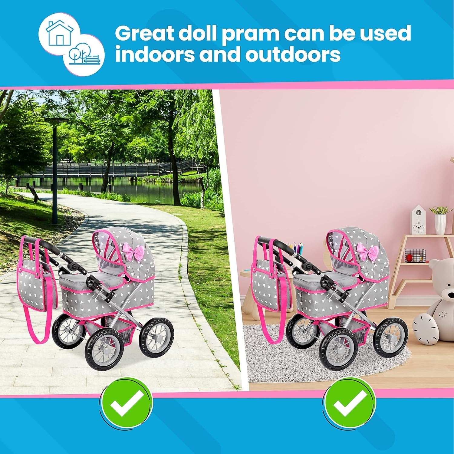 Dolls Pram Toy Pushchair Buggy Adjustable Handle 33-63cm Kids