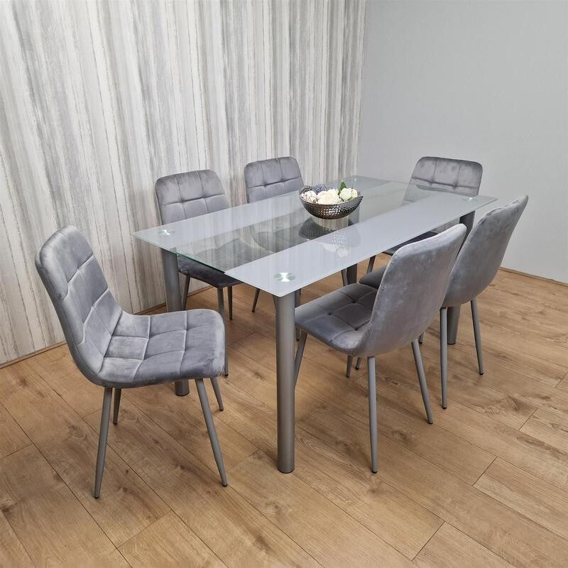 Glass Dining Table Set with 6 Grey Velvet Chairs Modern Kitchen 140cm