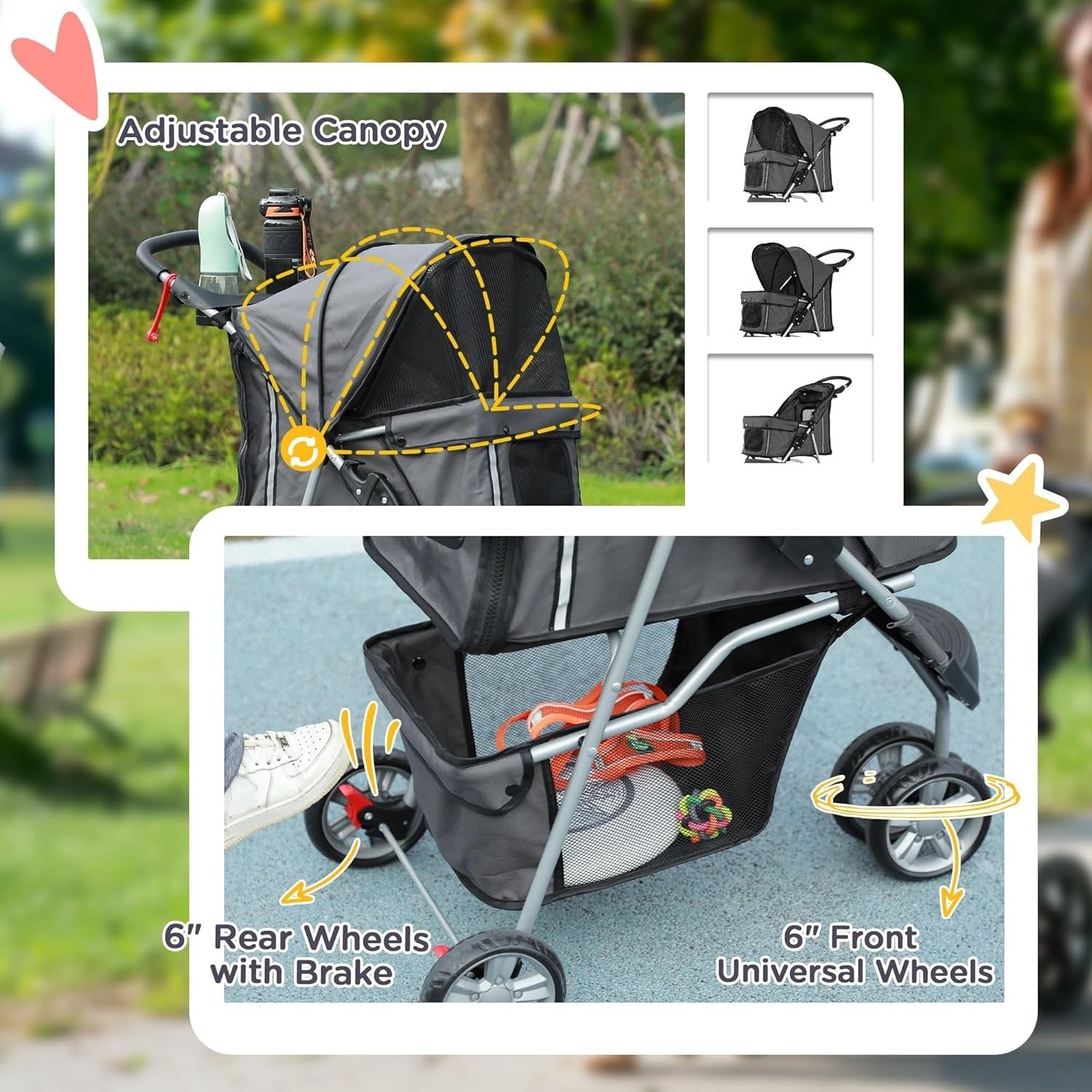 Dog Stroller 3-Wheel Foldable Pet Pram Small Dogs Cats Charcoal Grey