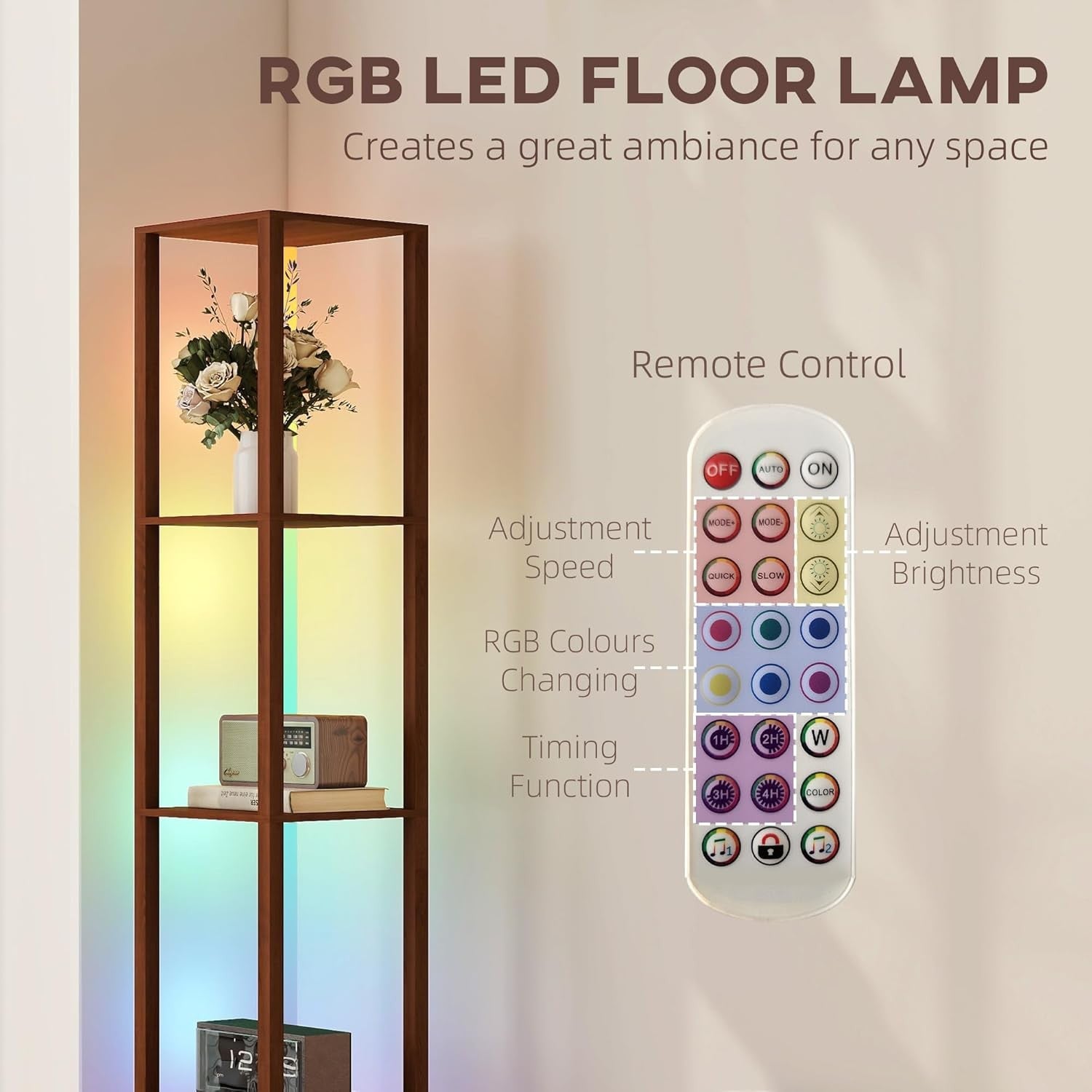 RGB LED Floor Lamp with Shelves Dimmable Remote Control Modern Corner Light