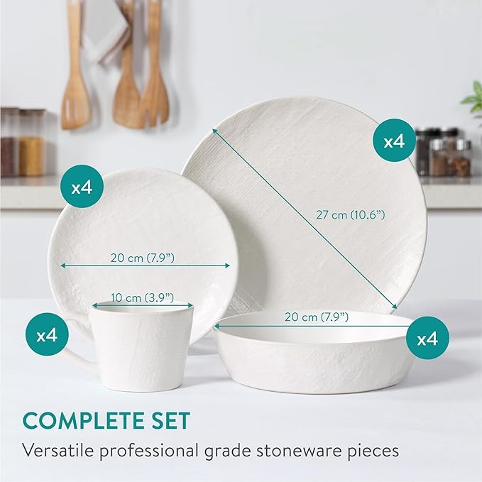 16pc Stoneware Dinner Set for 4 White Plates Bowls Mugs Microwave Safe