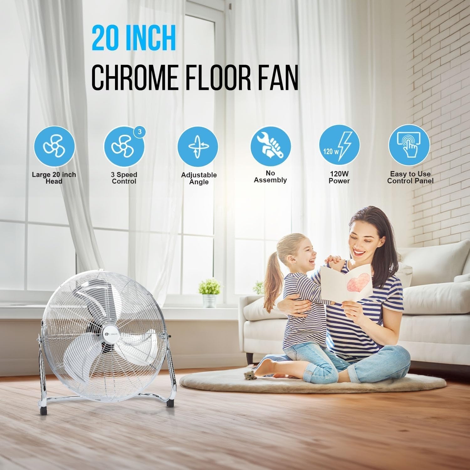 20-Inch Chrome Floor Fan – 3 Speed Adjustable Head High Power Gym Cooling Fan