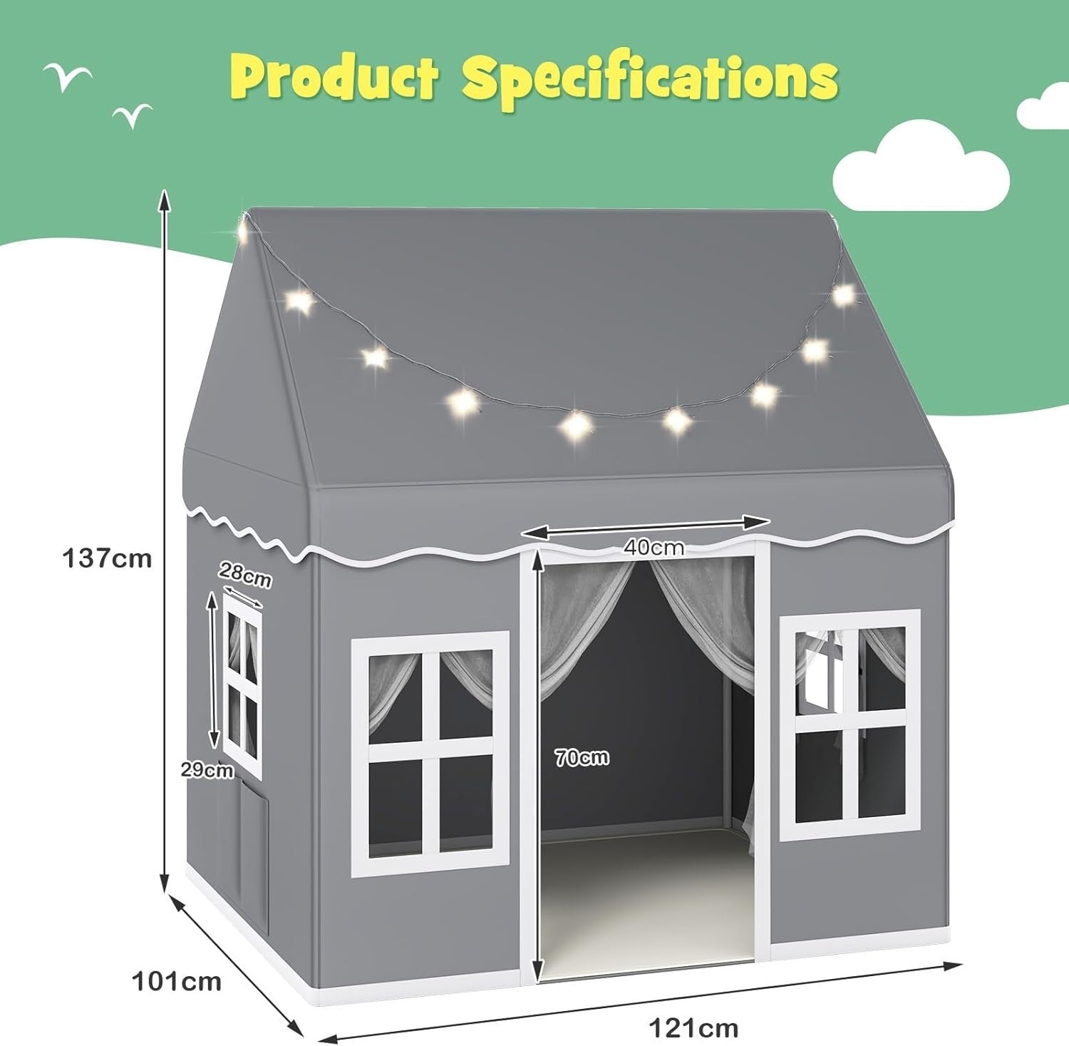 Large Kids Play Tent Indoor Outdoor Castle w Star Lights Non Slip Mat