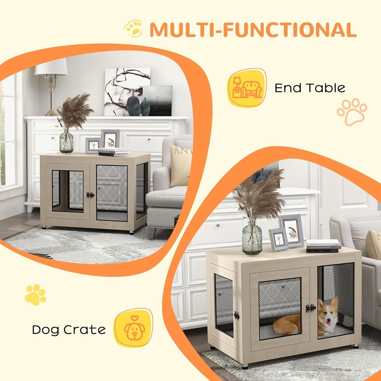 Modern Oak Dog Crate Table 94x60x71.5cm w/Lockable Doors & Washable Cushion