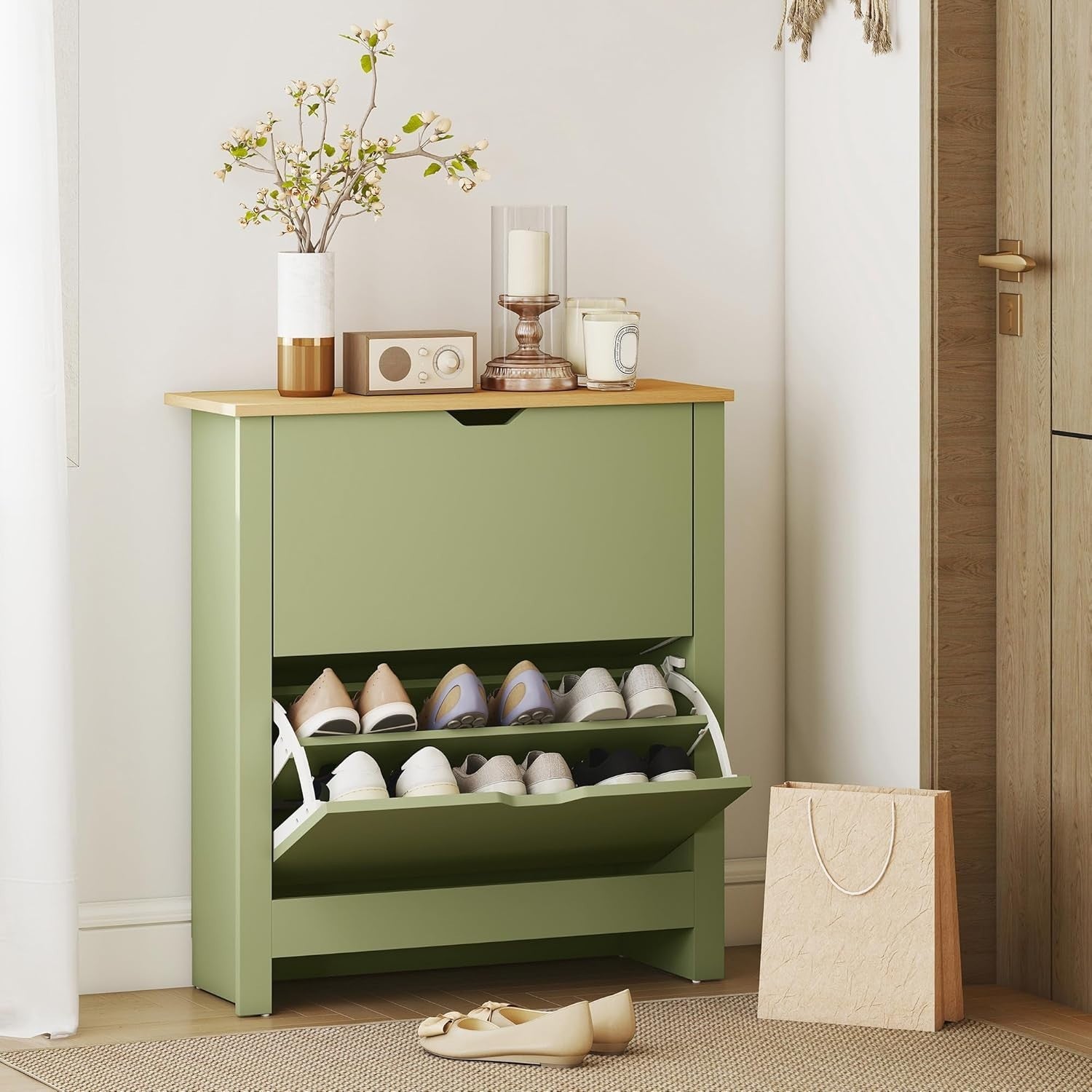 Space Saving Narrow Shoe Cabinet 2 Flip Drawers Adjustable Shelves Green