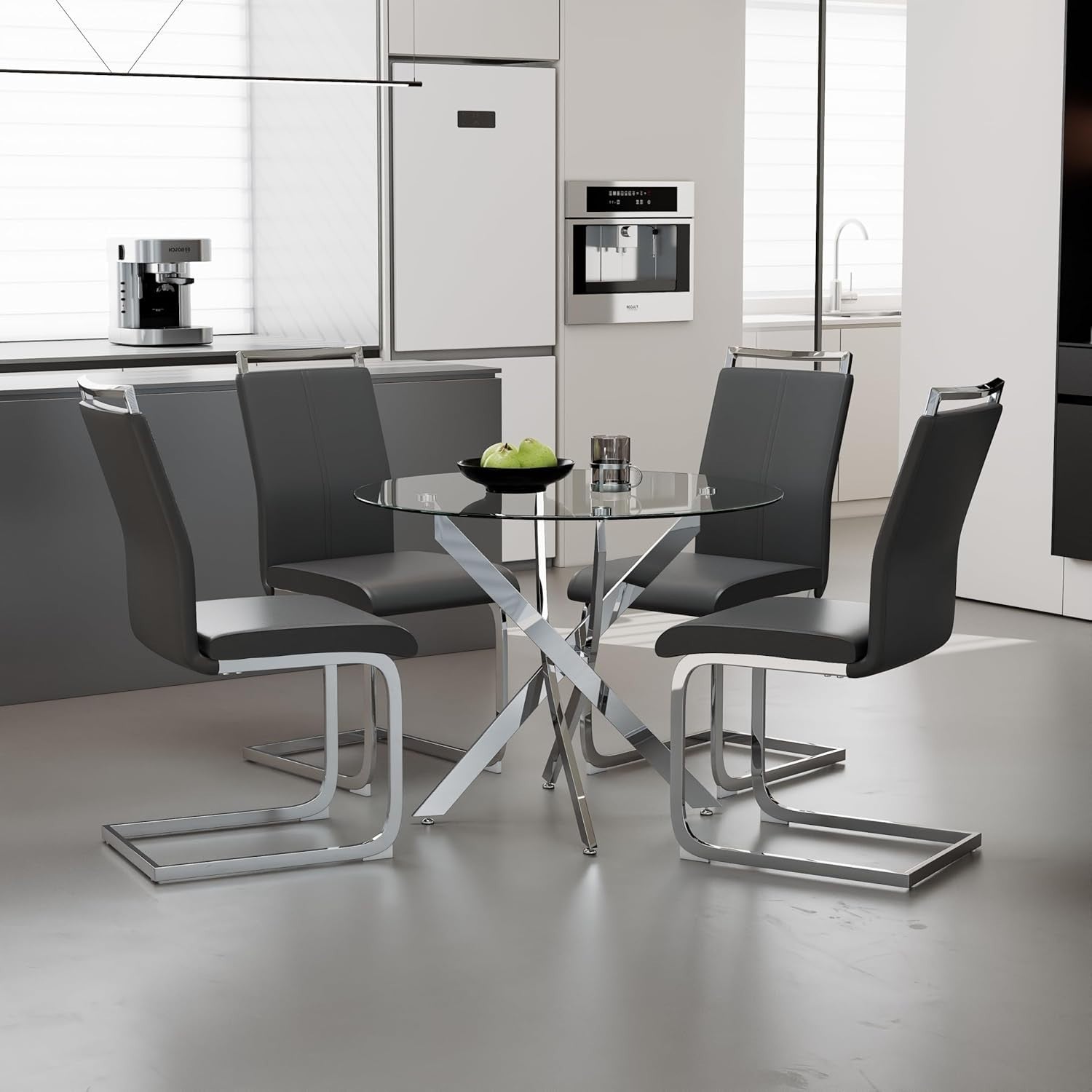 Round 100cm Glass Dining Table 4 Chrome Chairs Kitchen Modern Set