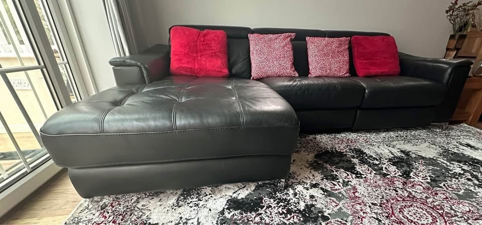Italian Black Recliner Leather Corner Sofa L-Shape Sofa (PTP)