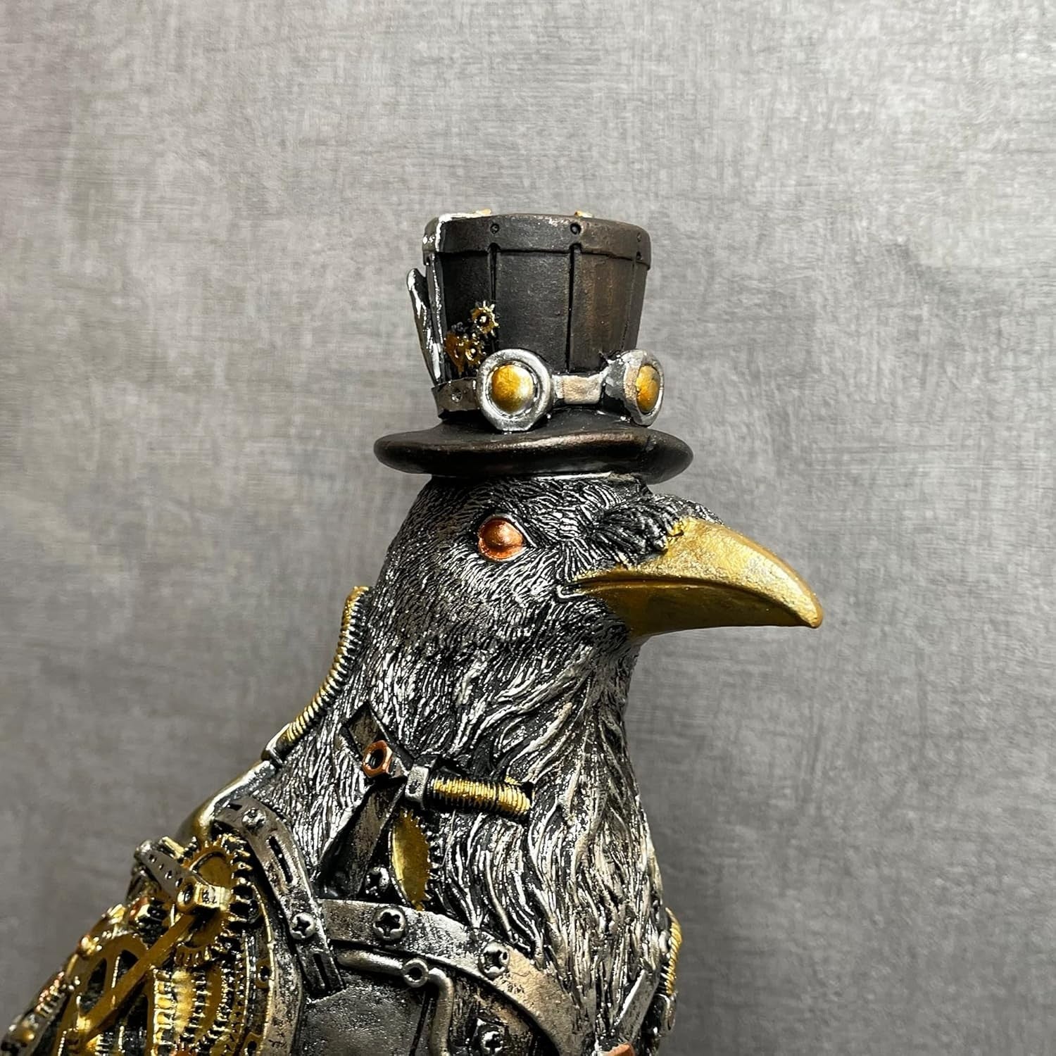 Steampunk Crow Ornament Industrial Silver Resin Gothic Bird Sculpture 27cm