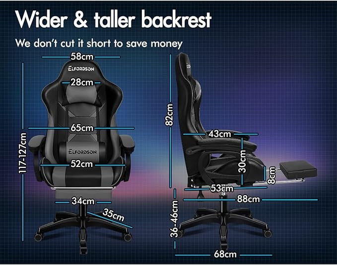 ELFORDSON Gaming Chair w/ 2-Point Massage Lumbar