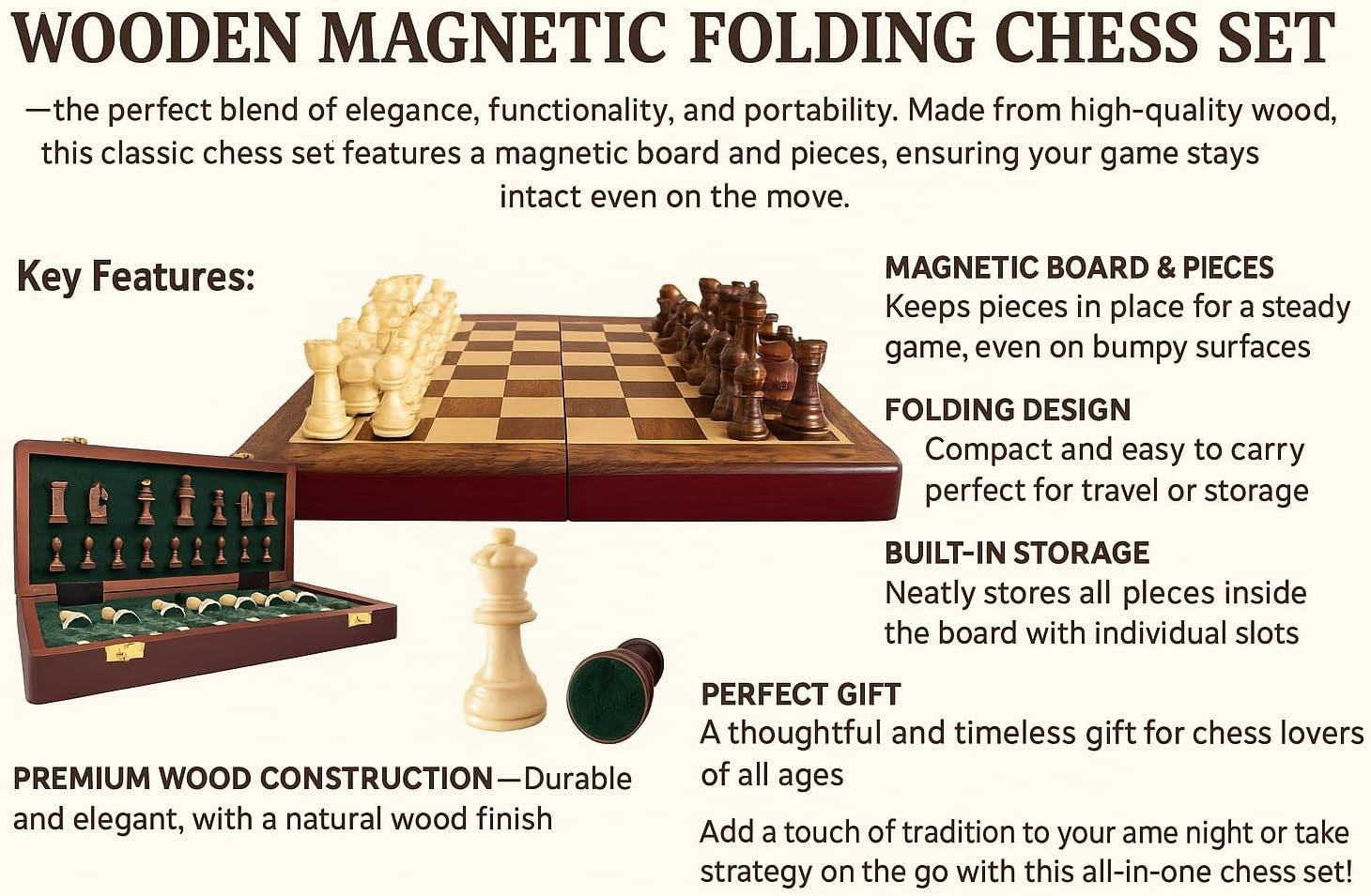 12" Magnetic Wooden Chess Set | Folding Travel Chess Board with Storage | Portab