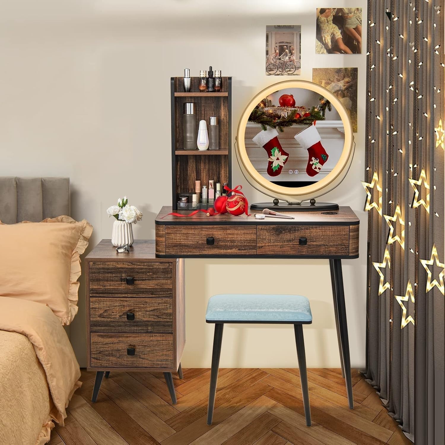 Vanity Makeup Dressing Table Set w/ LED Mirror Stool Storage Charging Station
