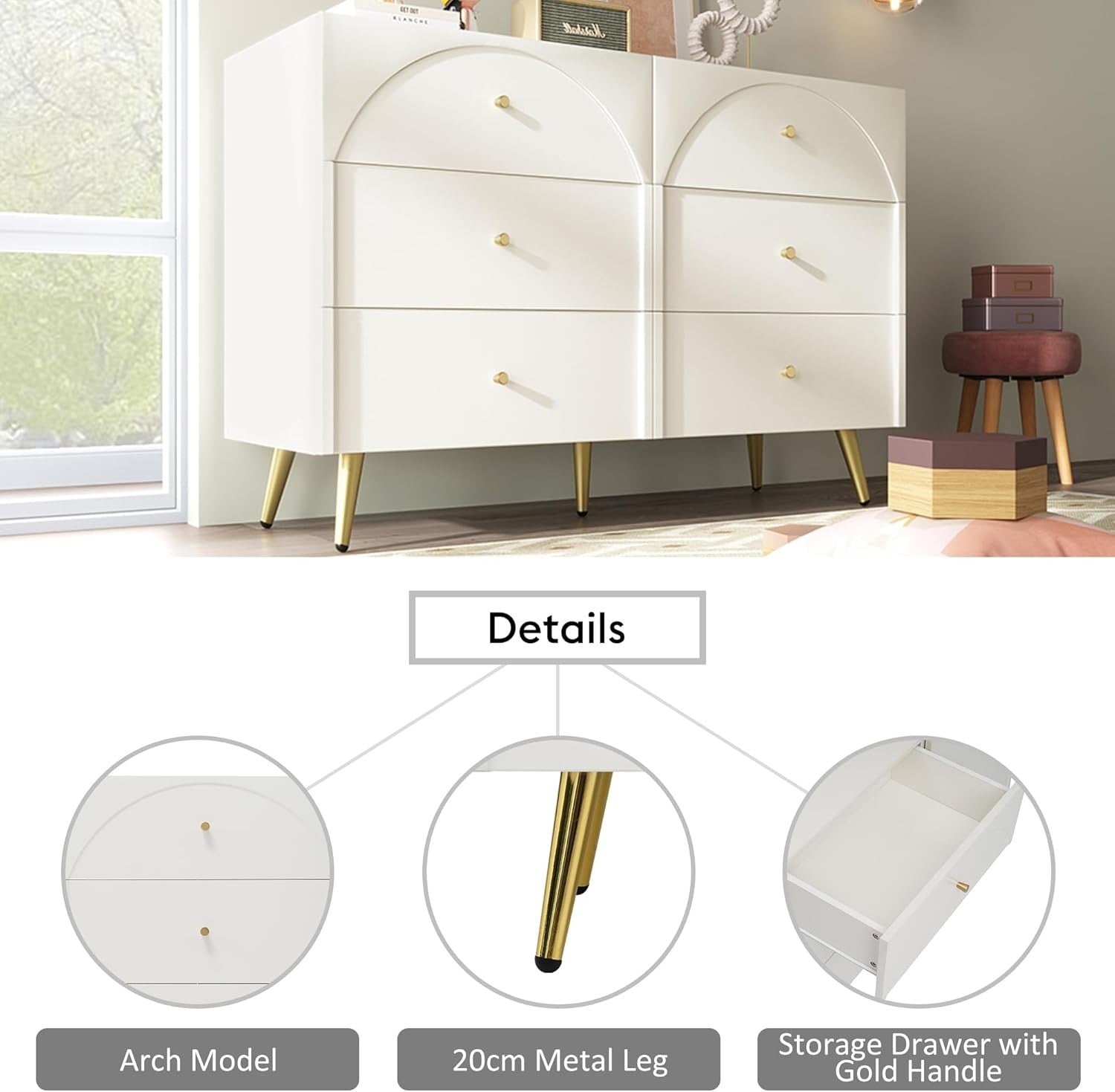 Cream White 6 Drawer Sideboard Cabinet Storage Unit Gold Legs 120cm