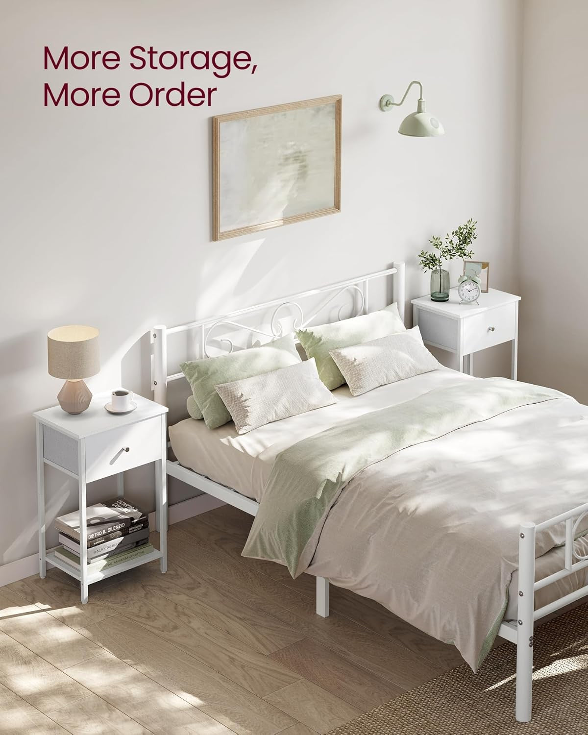 Tall White Bedside Table with Drawer & Shelf, Modern Slim 24-Inch Nightstand