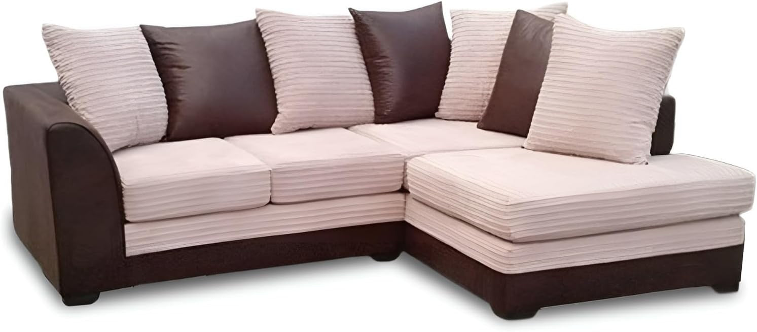 Brown Beige 5-Seater L-Shaped Corner Sofa with Durable Faux Leather & Cord